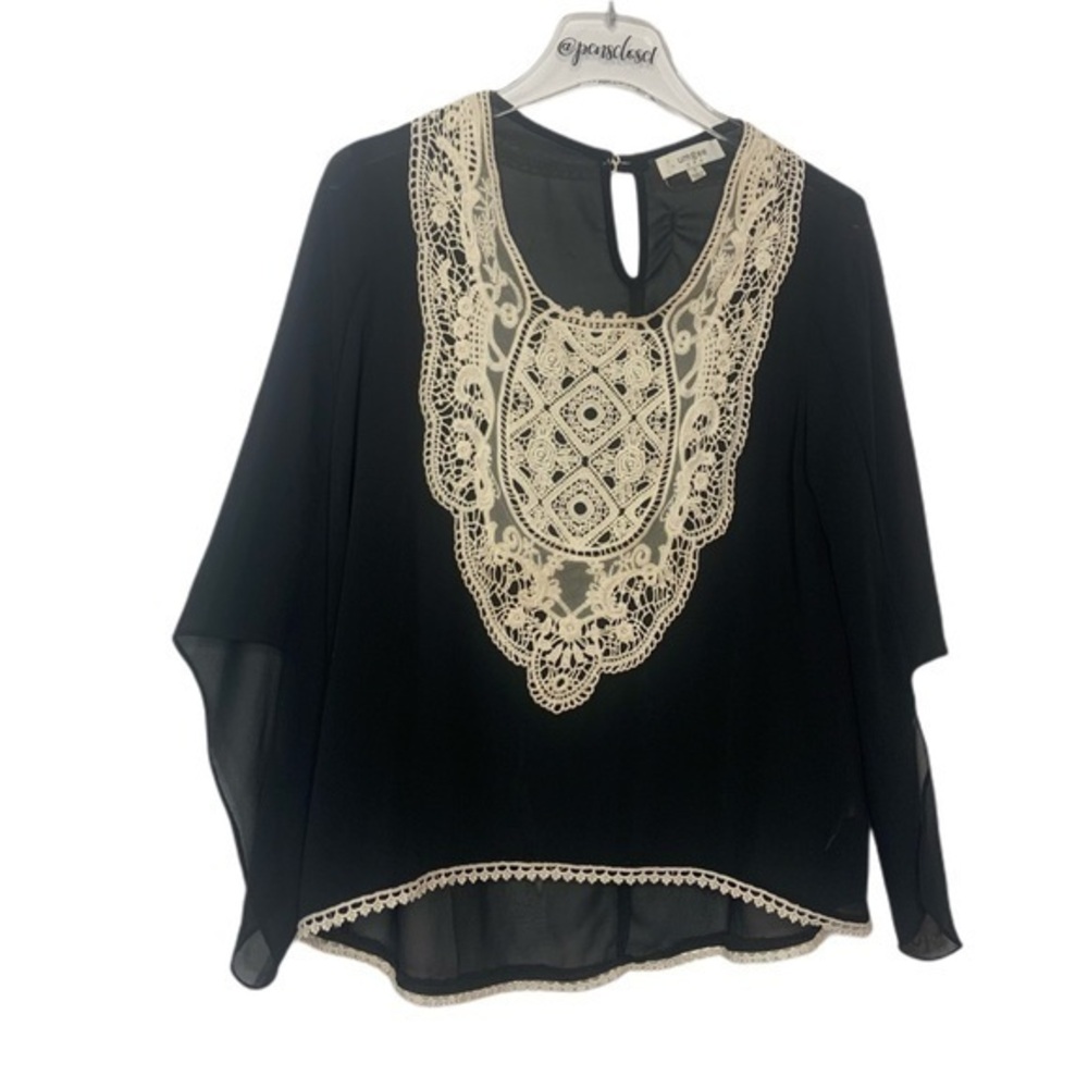 Umgee Black Sheer Split Bell Sleeve Crocheted Top